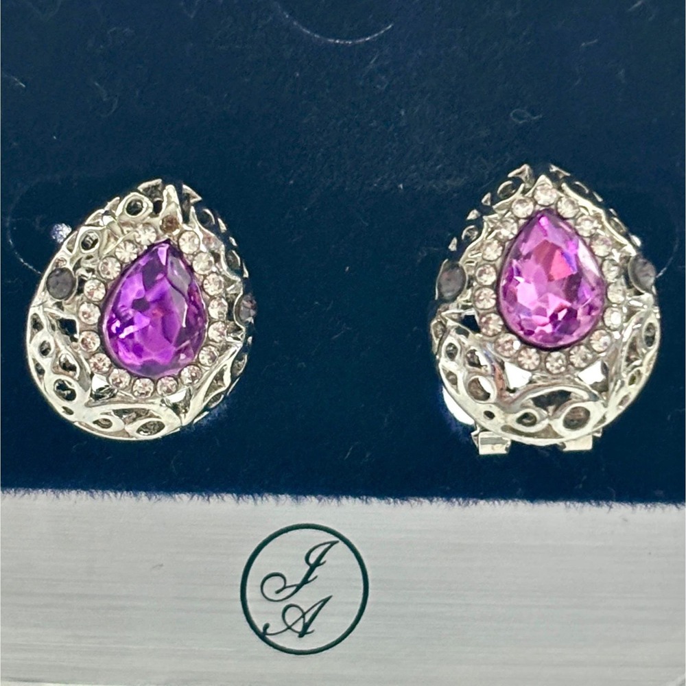 Vintage Style Purple Crystal Teardrop Clip On Earrings Silver Tone Filigree